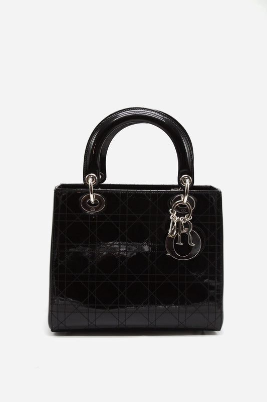 Dior Black Patent Cannage Stitched Medium Lady Dior